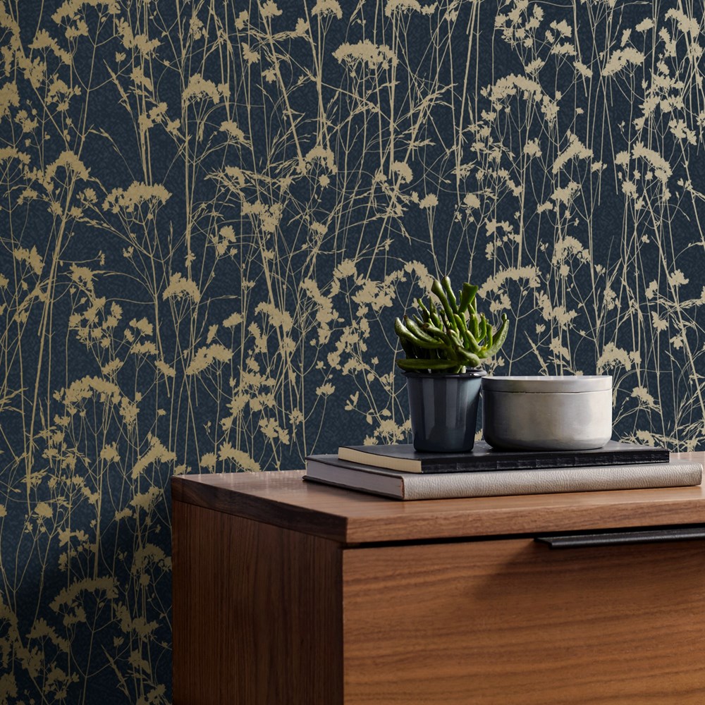 Grace Midnight Wallpaper 105460 by Graham & Brown in Blue Metallic